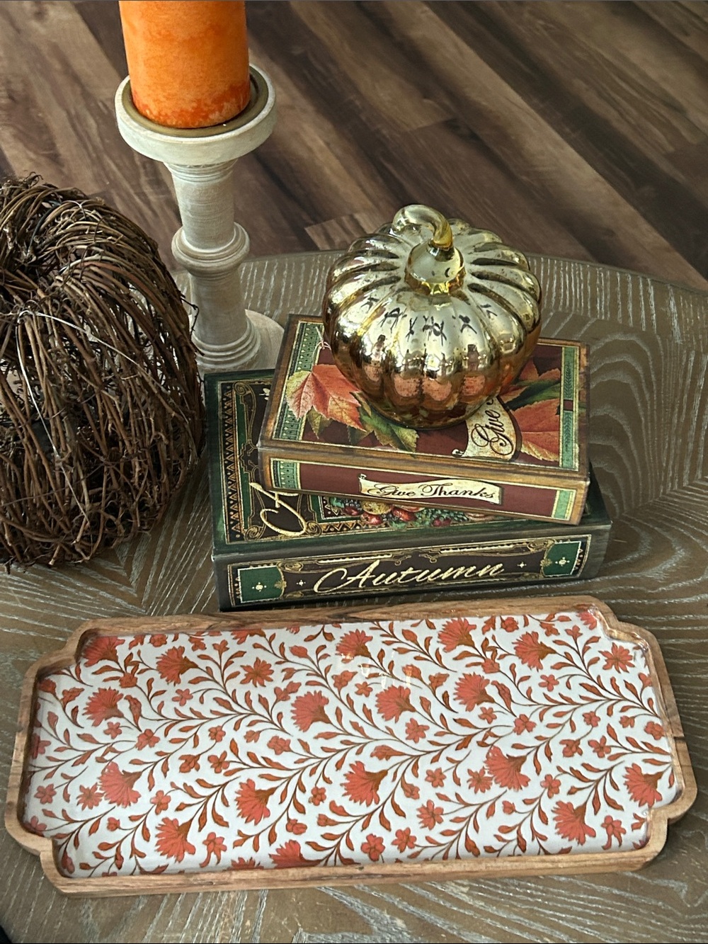 NEW! Fall Autumn Harvest Rustic Orange Floral Wood & Enamel Serving Tray - Picture 4 of 4